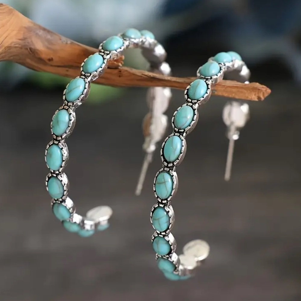 NWOT - Elegant Silver and Turquoise Hoop Earrings